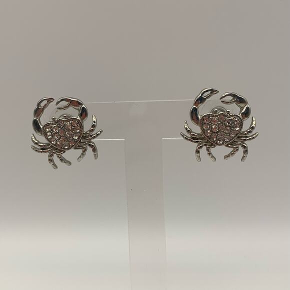 Unknown Jewelry - Silver Tone Crab Pierced Earrings with Rhinestones